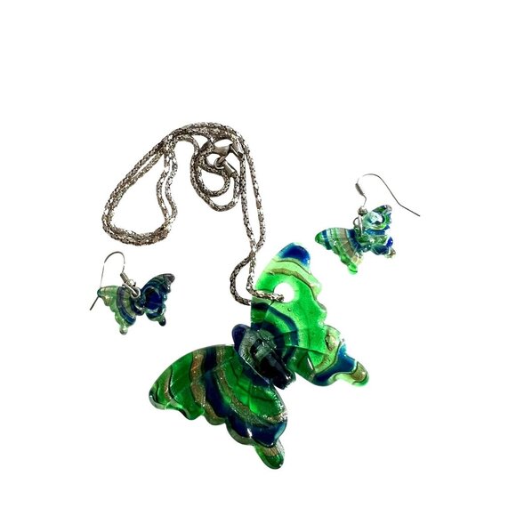 Glass Butterfly Pendant Necklace & Matching Earrings Set Green & Blue Swirl Desi - Picture 1 of 6